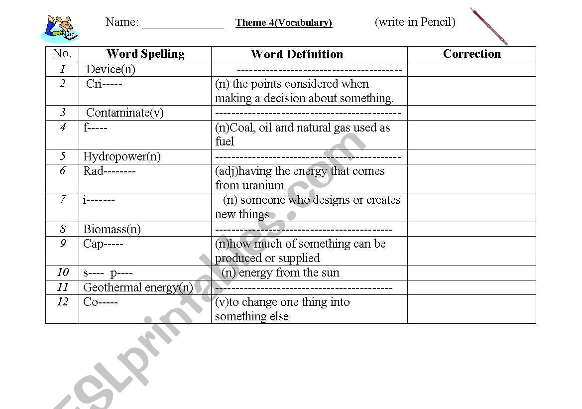 Technical Vocabulary worksheet