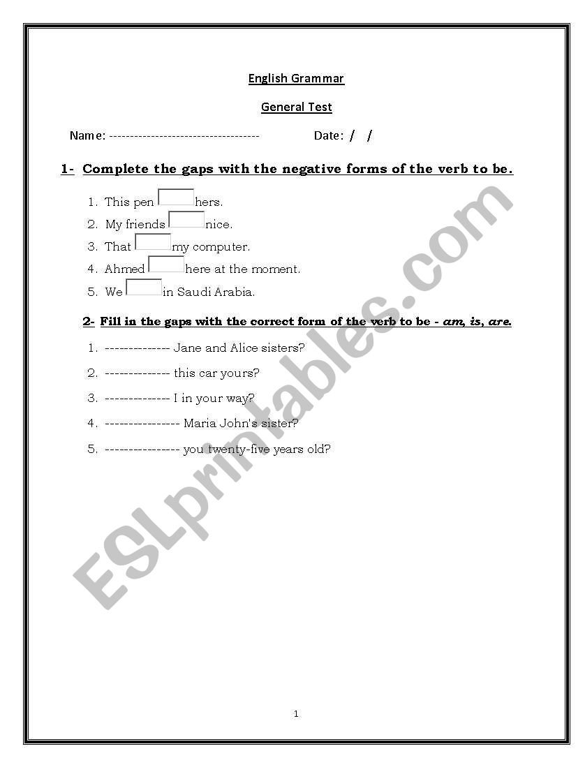 general grammar test worksheet