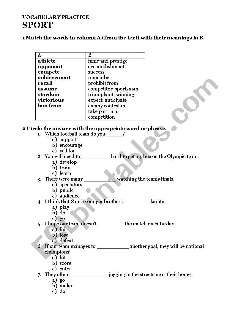 vocabulary practice  - sports worksheet