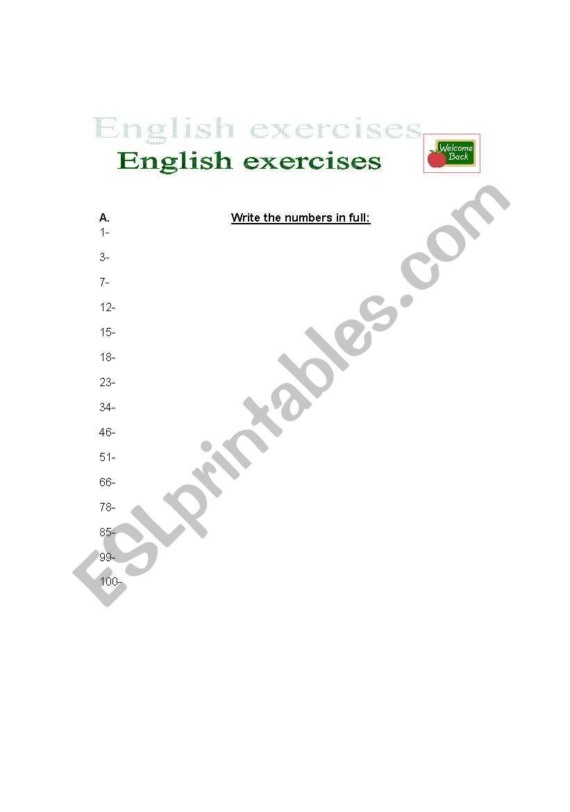 numbers revisions worksheet