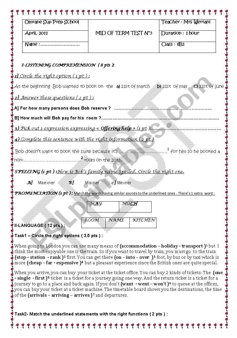 mid term test n°3 8th form ( second one ) - ESL worksheet by ryma