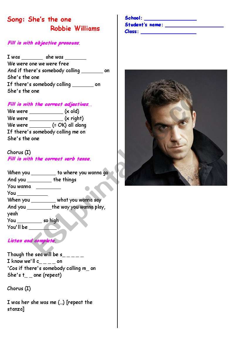 Worksheet - Song : Shes the one, by Robbie Williams