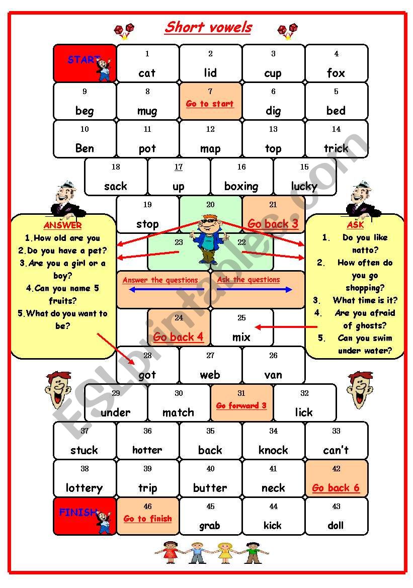 Gameboard (short vowels) worksheet