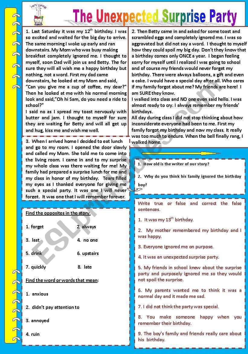 The Unexpected Surprise Party worksheet