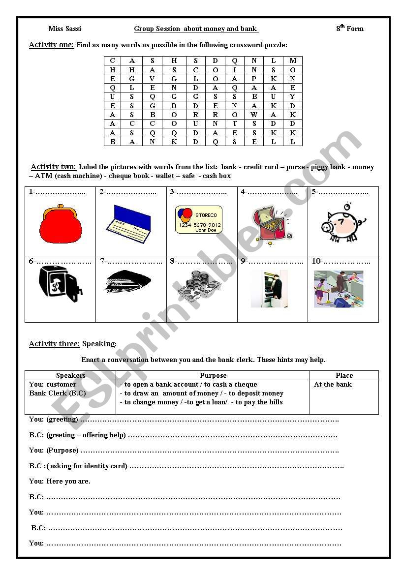 Group session about Money worksheet