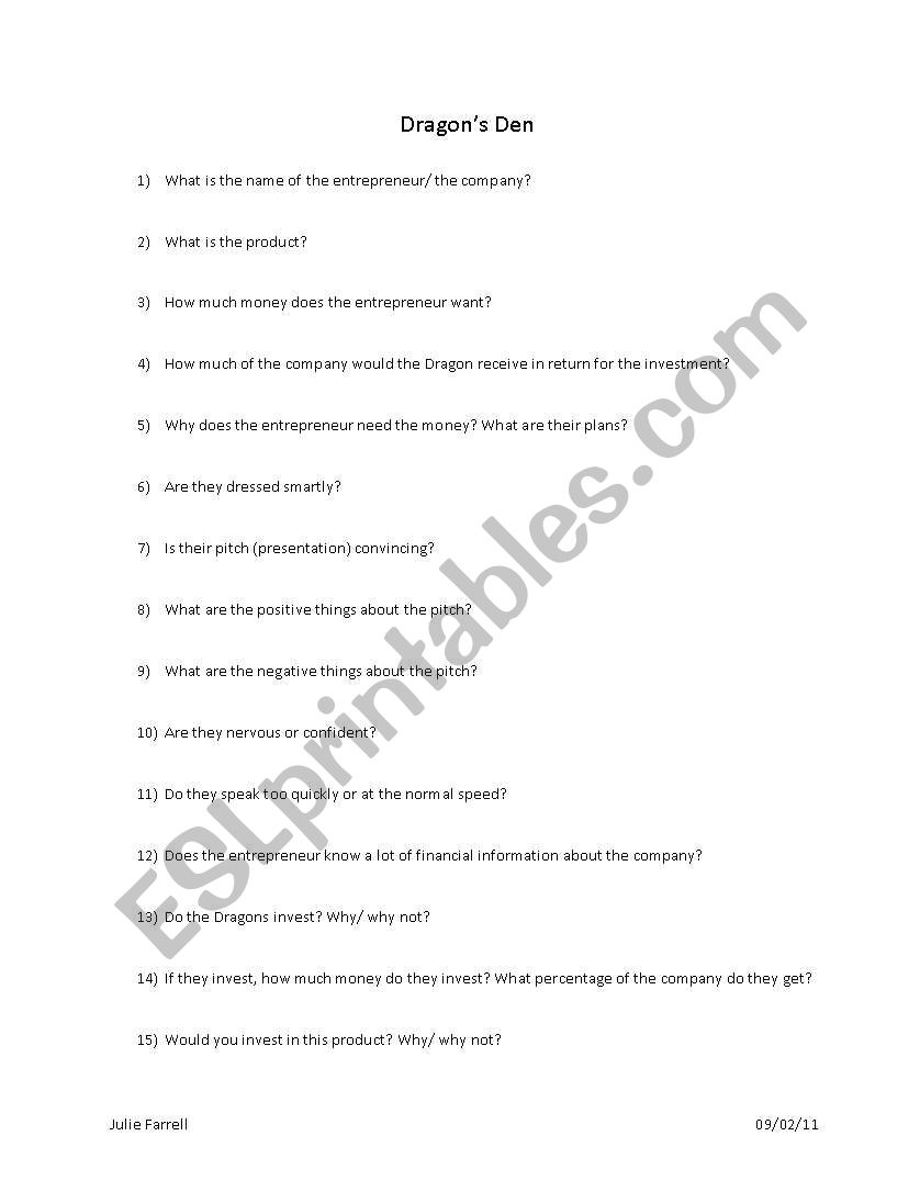 Dragons Den questions  worksheet