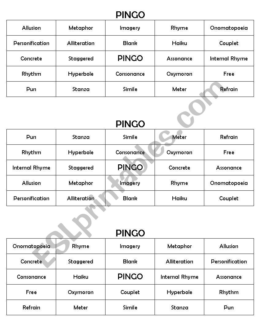 Poetry Bingo: PINGO worksheet