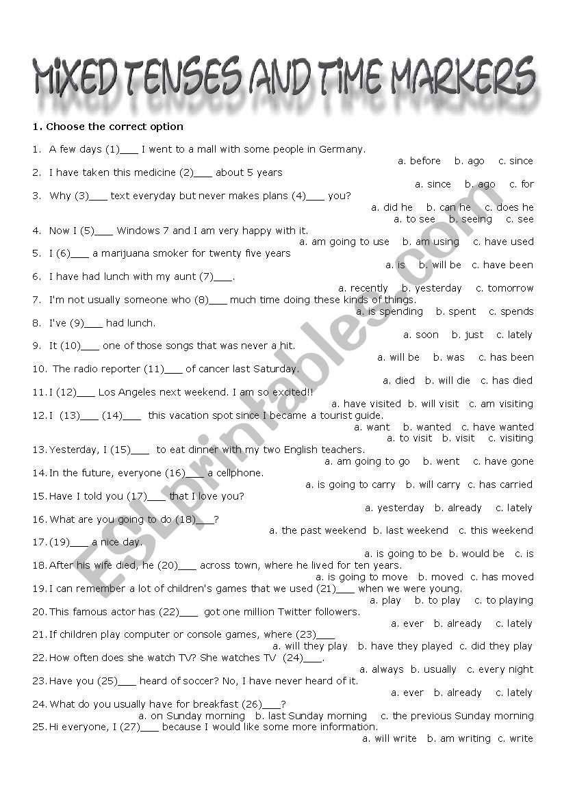 Mixed Tenses and Time Markers worksheet
