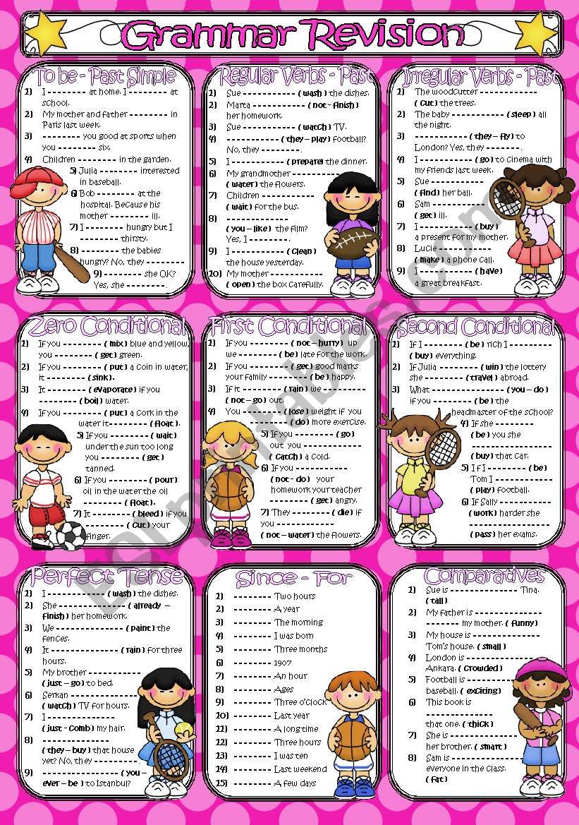 Grammar Revision **past-to be/regular-irregular verbs/conditionals/present perfect/since-for/comparatives**(KEY included)