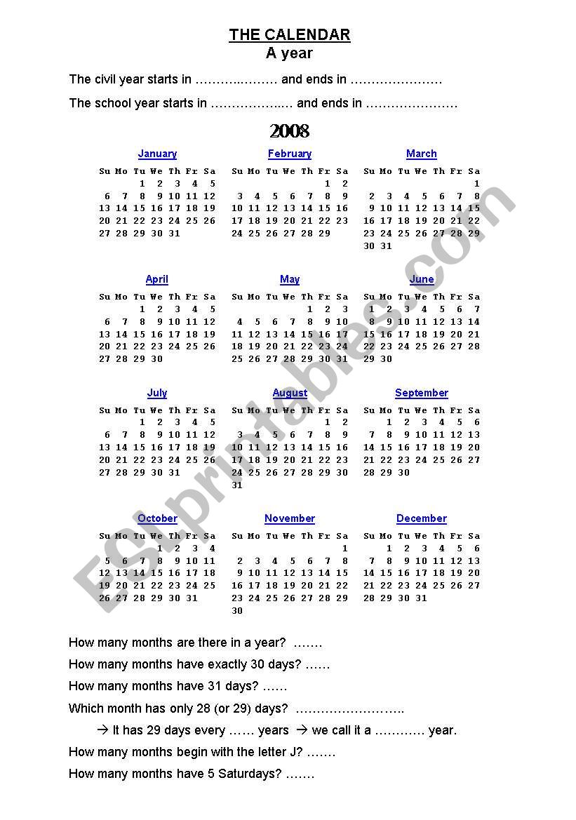 The calendar : 2008 worksheet