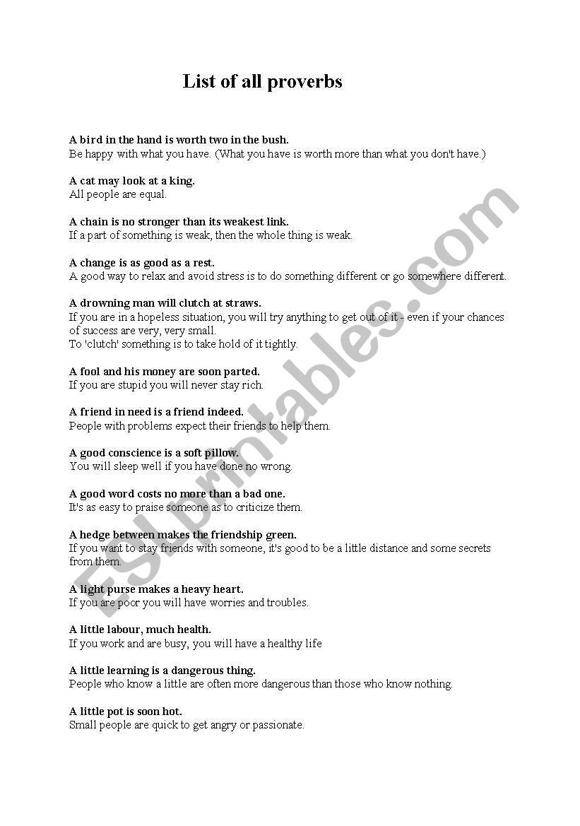 list of proverbs worksheet
