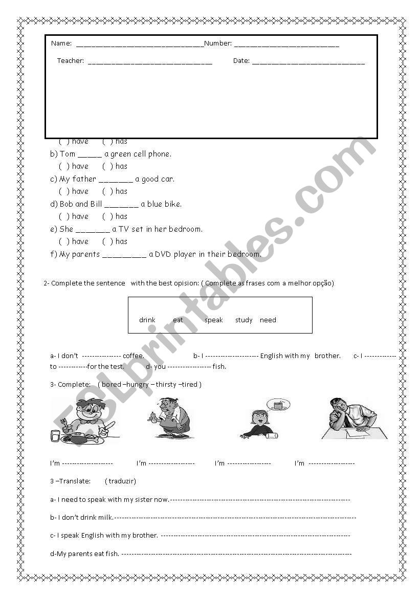 test to have worksheet