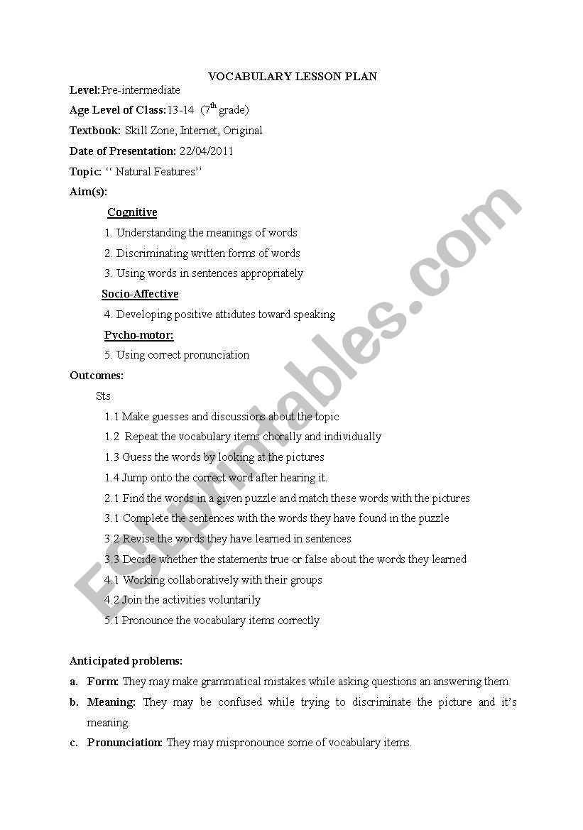 natural features lesson plan worksheet