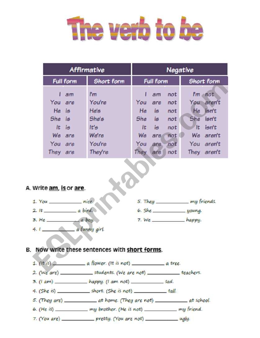 verb to be worksheet