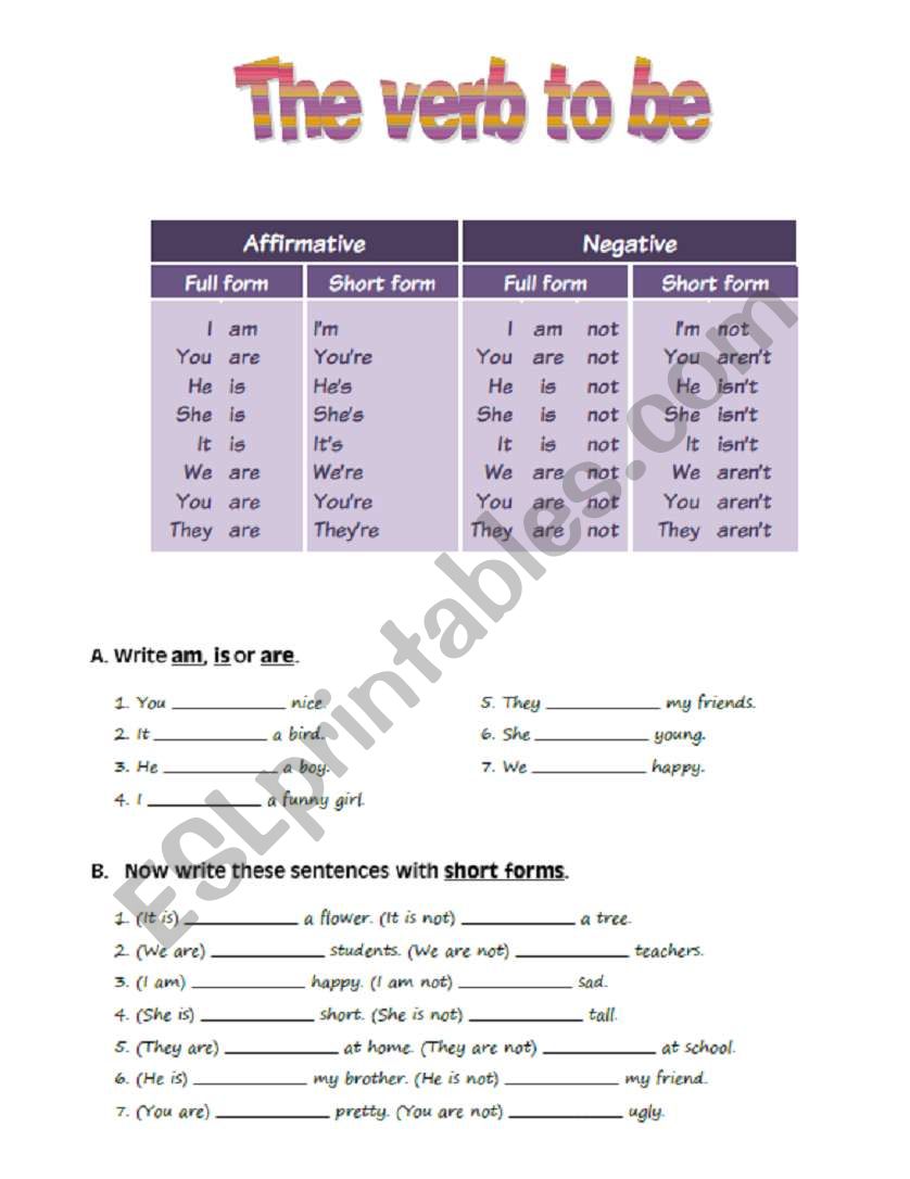 verb to be worksheet