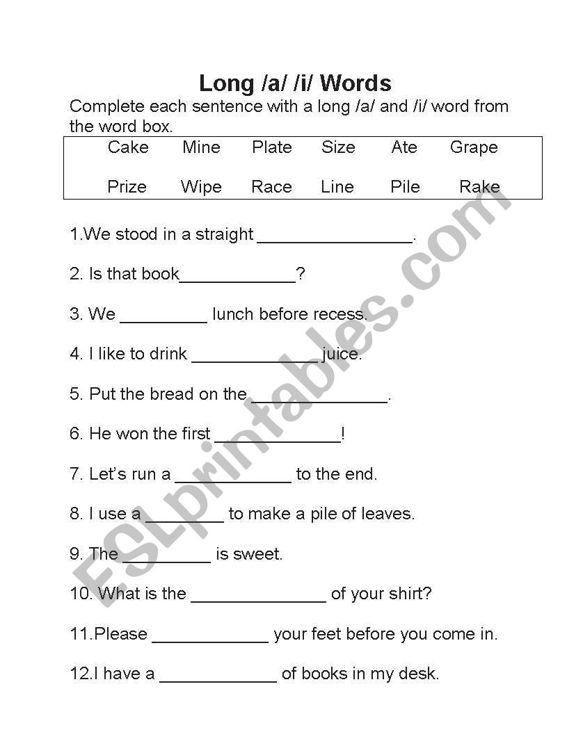 Long /a/ and /i/ vowel sound worksheet