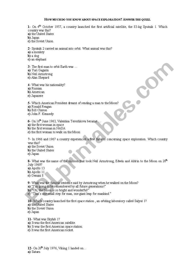 Space Exploration worksheet