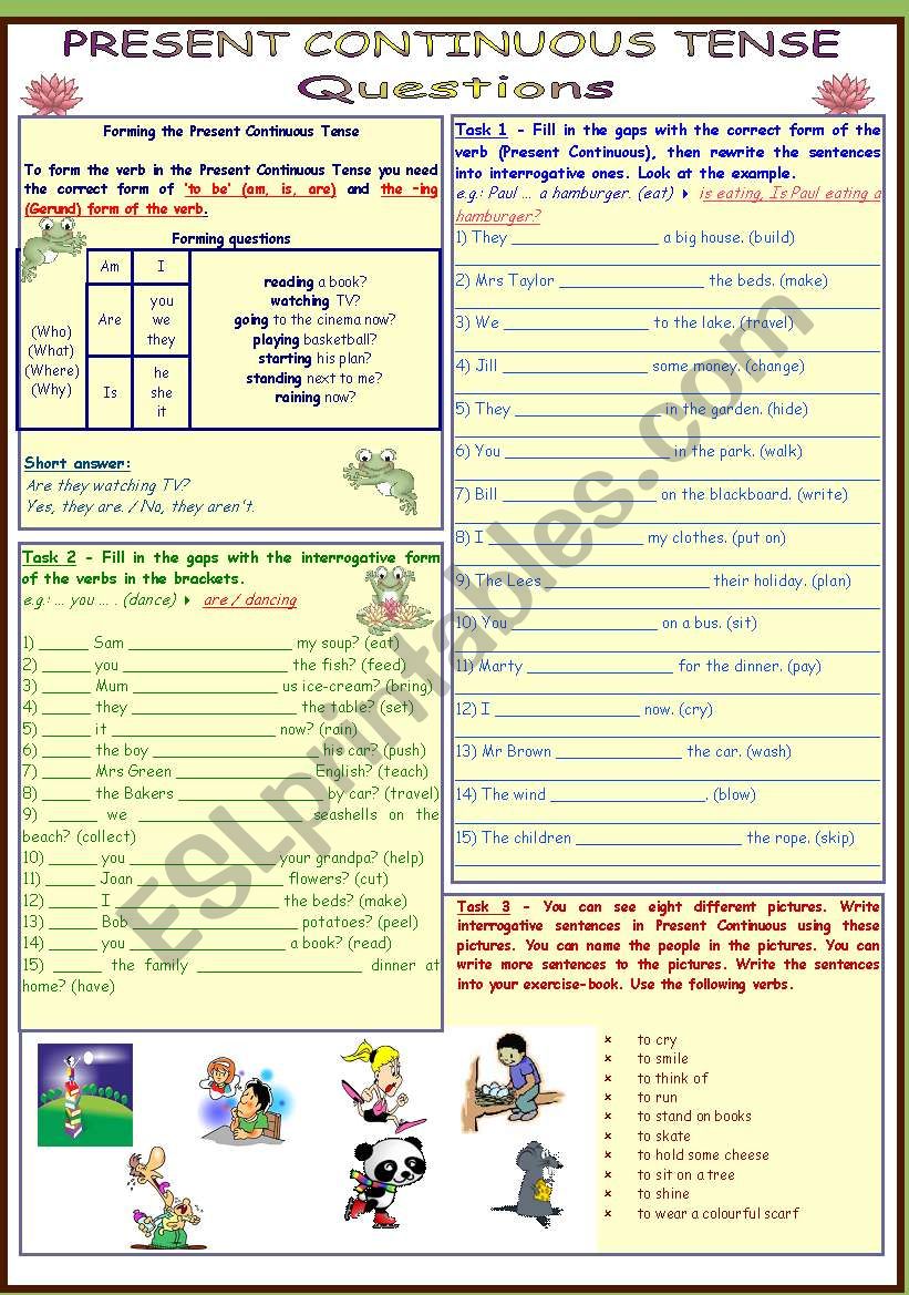 Present Continuous Tense * questions * 4 pages * 11 tasks * with key ***fully editable***