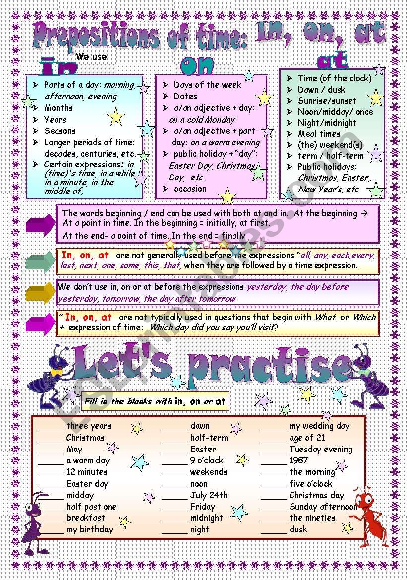 PREPOSITIONS OF TIME: IN, ON, AT ( B/W  and ANSWER KEY)