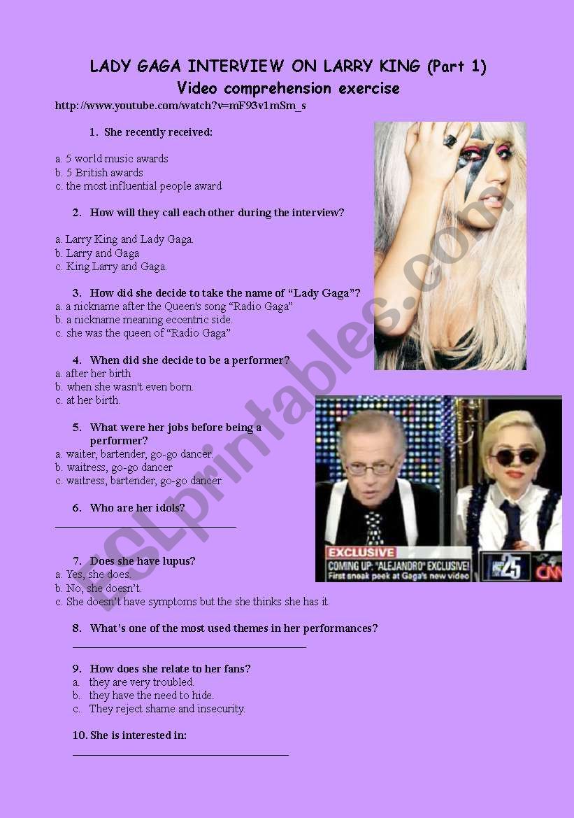 Lady gaga interview on Larry King. Video comprehension exercise