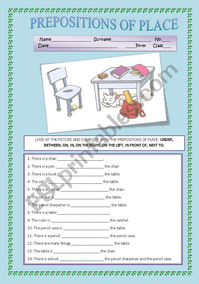 Prepositions of place worksheet