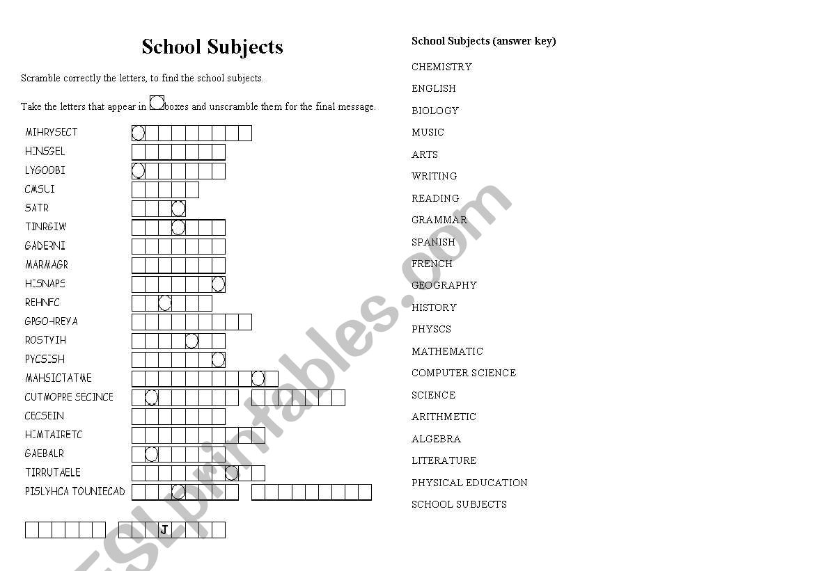 School Subjects: Voocabulary worksheet