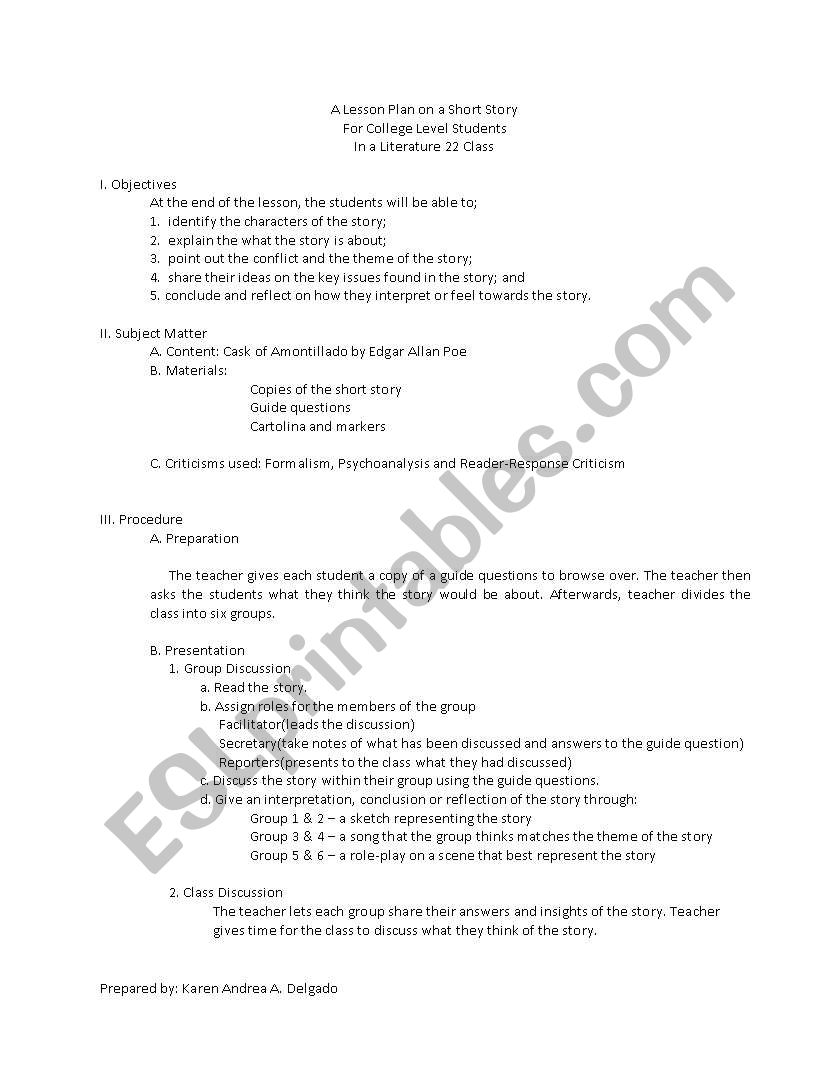 Short Story Lesson Plan worksheet
