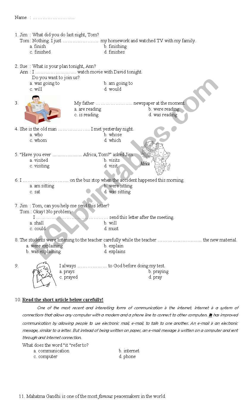 Vocabulary and Grammar Test worksheet