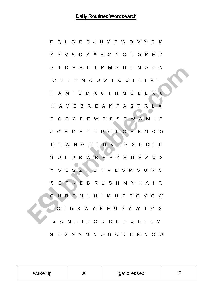 Daily Routine Wordsearch worksheet