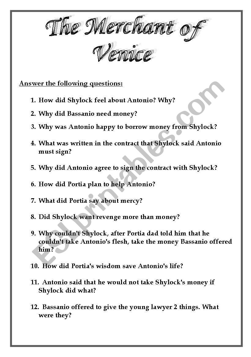 The Merchant of Venice worksheet