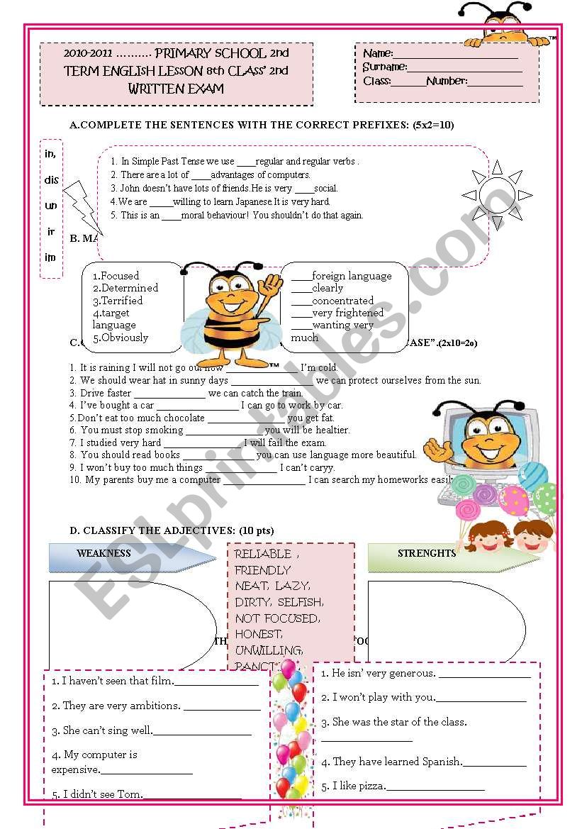 8th GRADES 2nd TERM 2nd EXAM worksheet