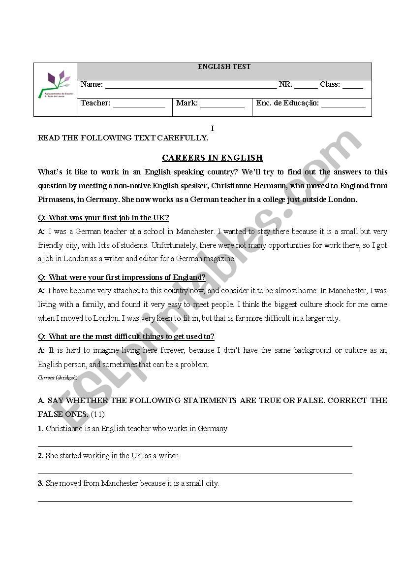 Test- careers worksheet