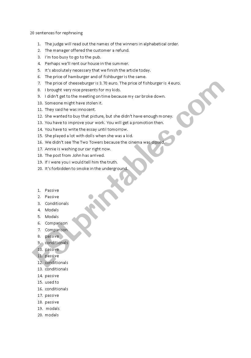 20 sentences for rephrasing worksheet