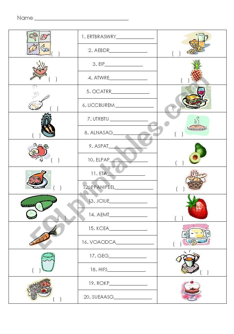 Food - unscramble and matching