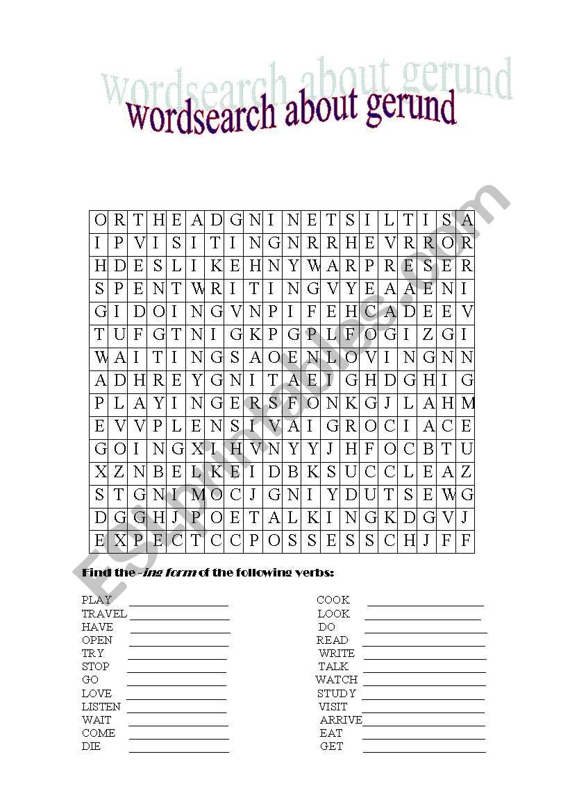 wordsearch about ing form worksheet