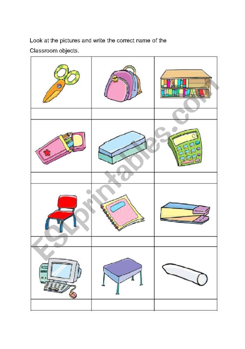 Look at the pictures and write the name of the Classroom objects