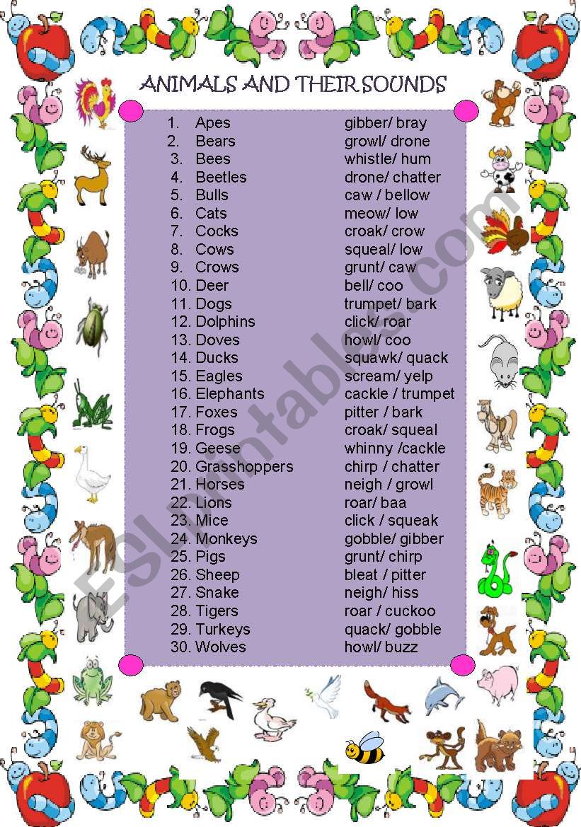 ANIMALS AND THEIR SOUNDS EXERCISE - ESL worksheet by dahlia eva sue