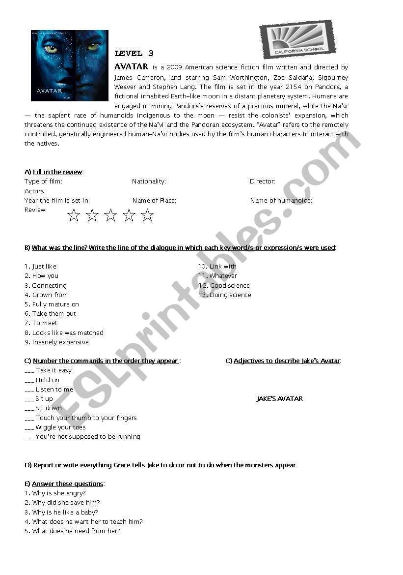 Avatar- The movie worksheet