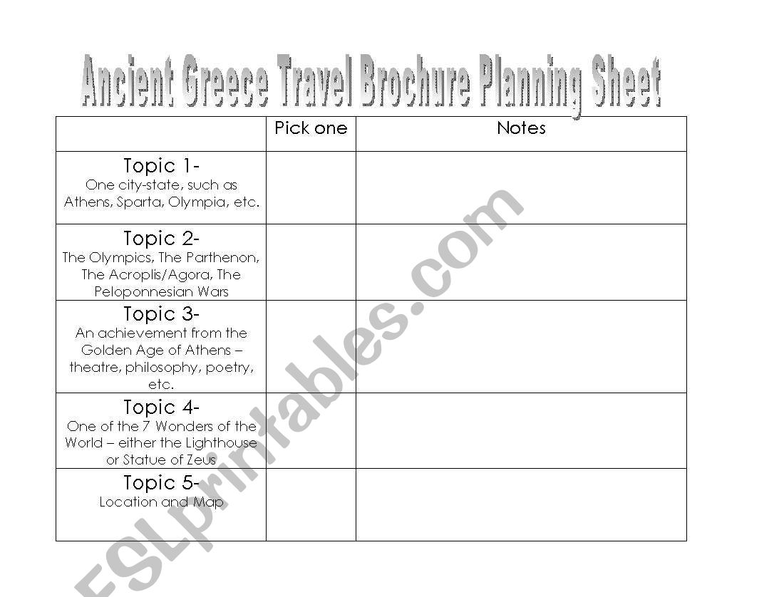 Travel Brochure Planning Sheet