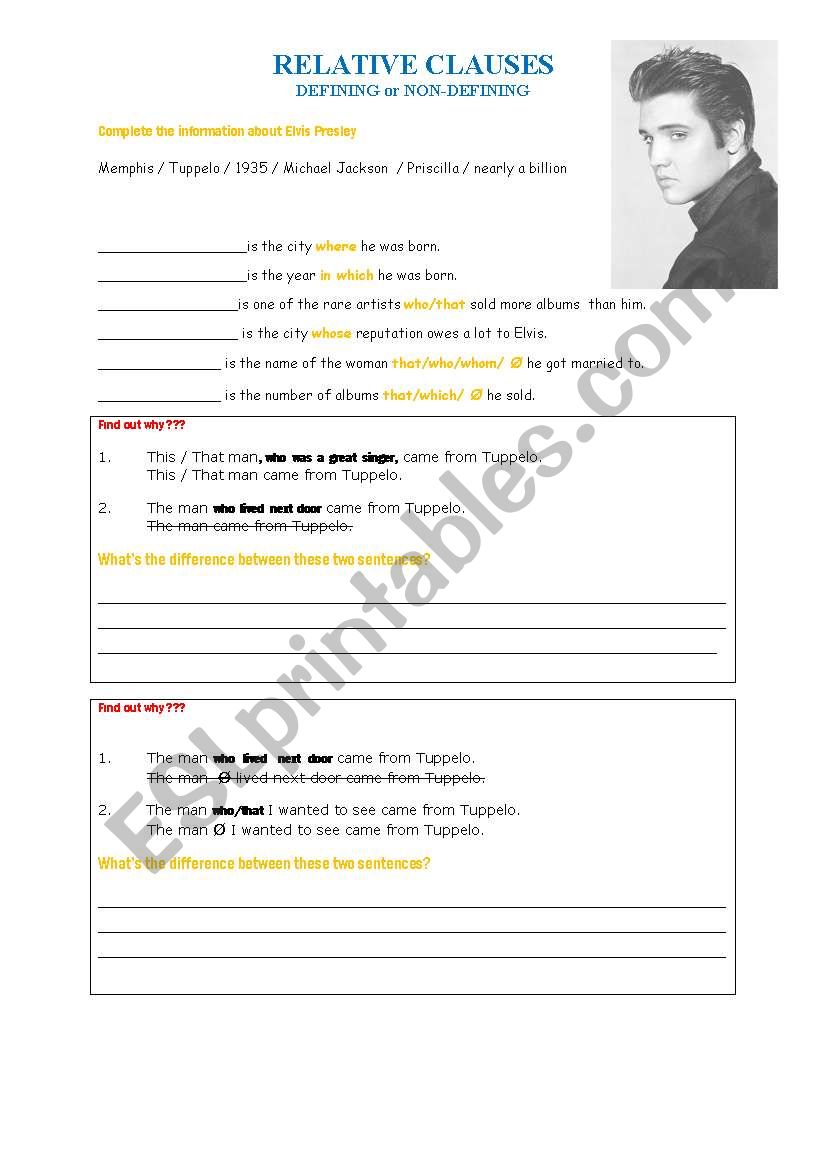 relative clause Elvis presley worksheet