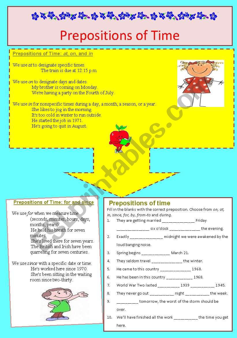 Prepositions of Time - in, on, at, for, since