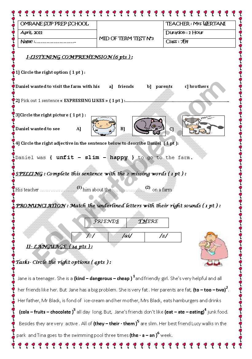 MID TERM TEST (3) 7TH FORM worksheet