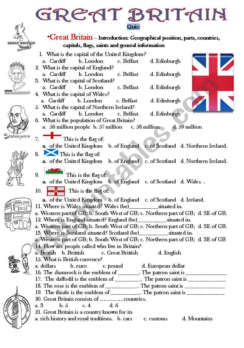 Quiz:Great Britain, Introduction, geographical position, cou ntries, capitals, symbols, saints.
