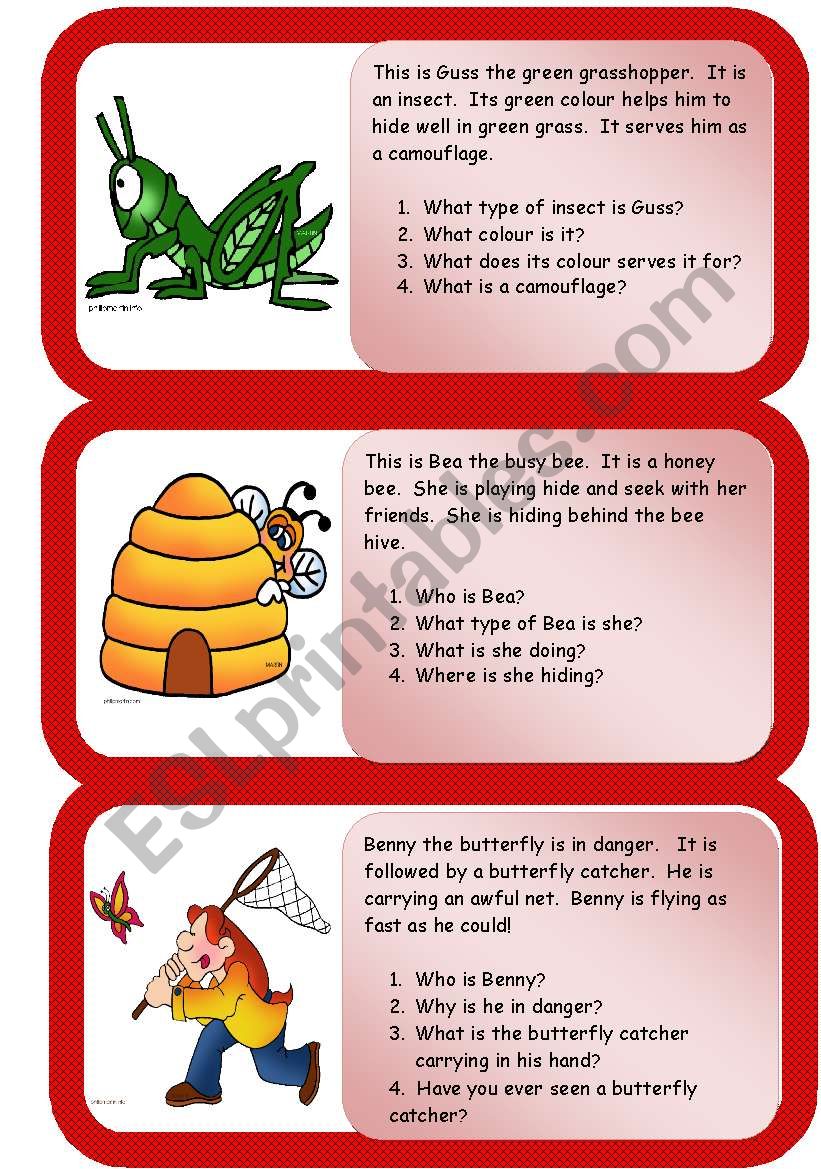 insects - mini comprehensions worksheet