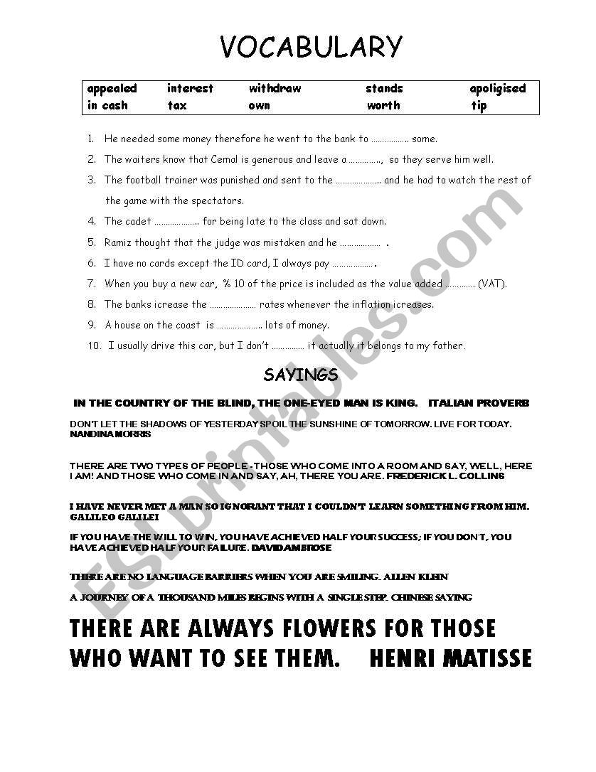 VOCABULARY AND SAYINGS worksheet