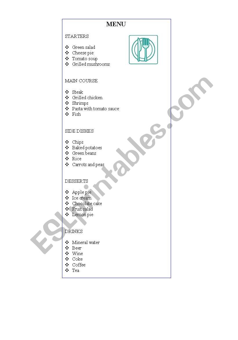 menu worksheet