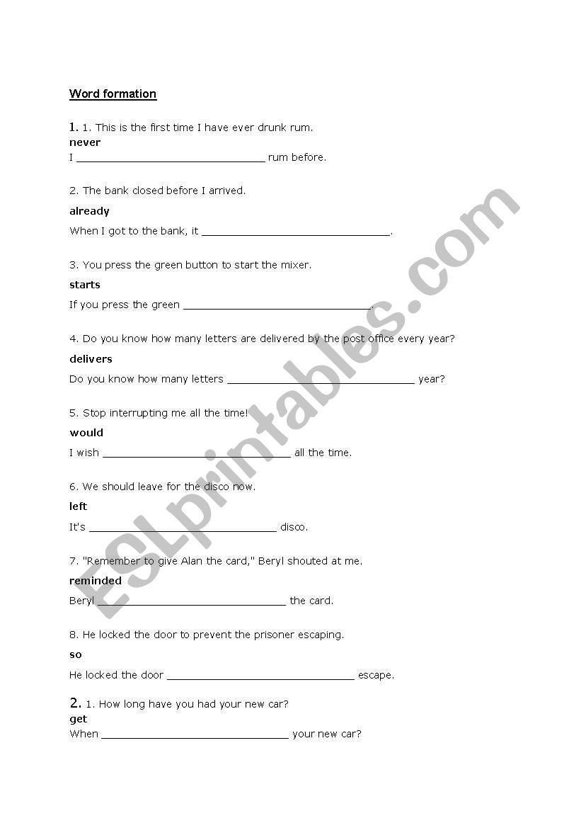 sentence transformation worksheet