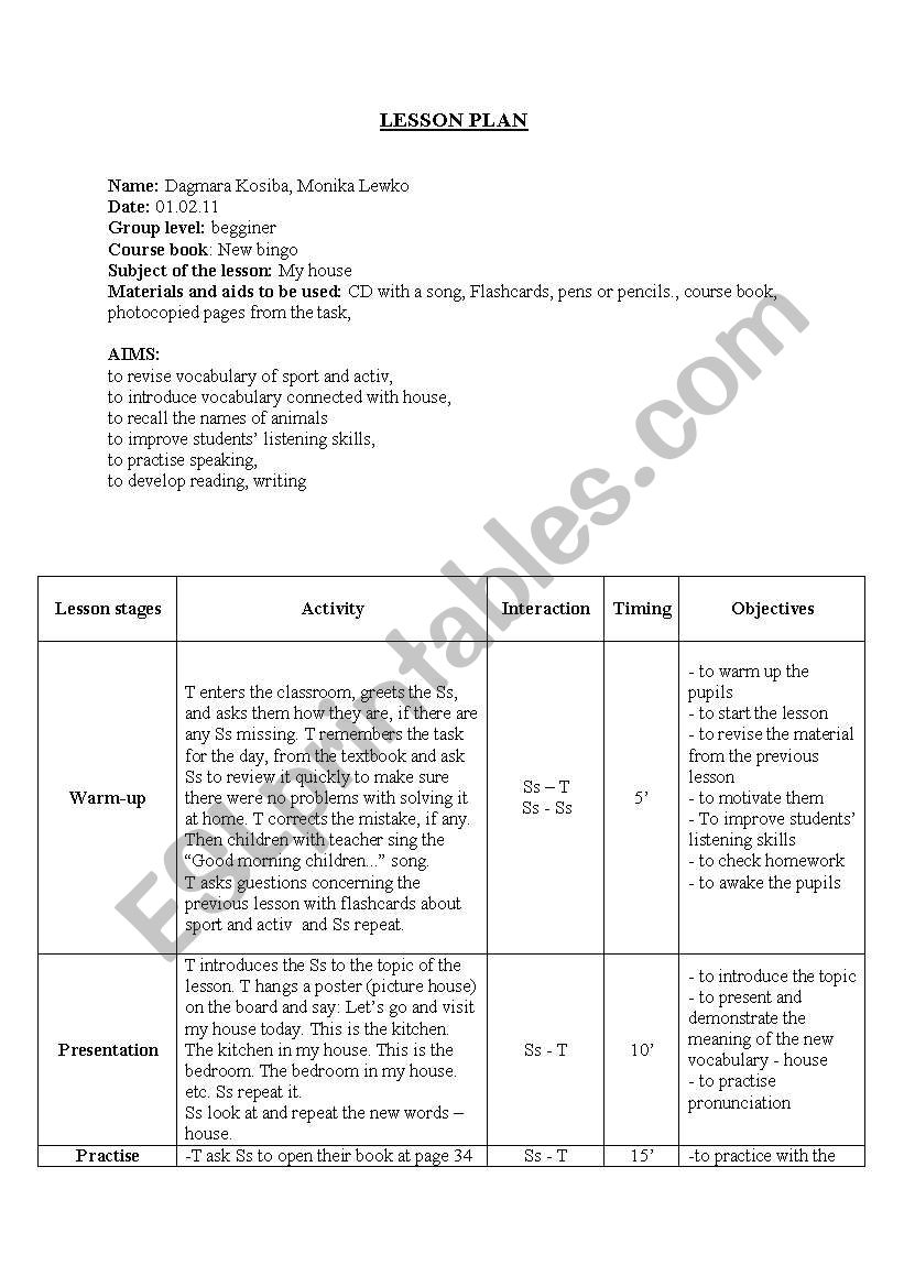 Lesson plan - The house worksheet