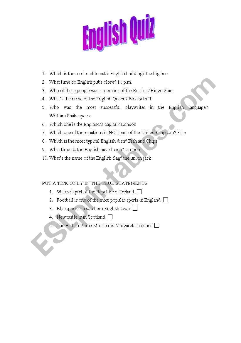 English Quiz worksheet