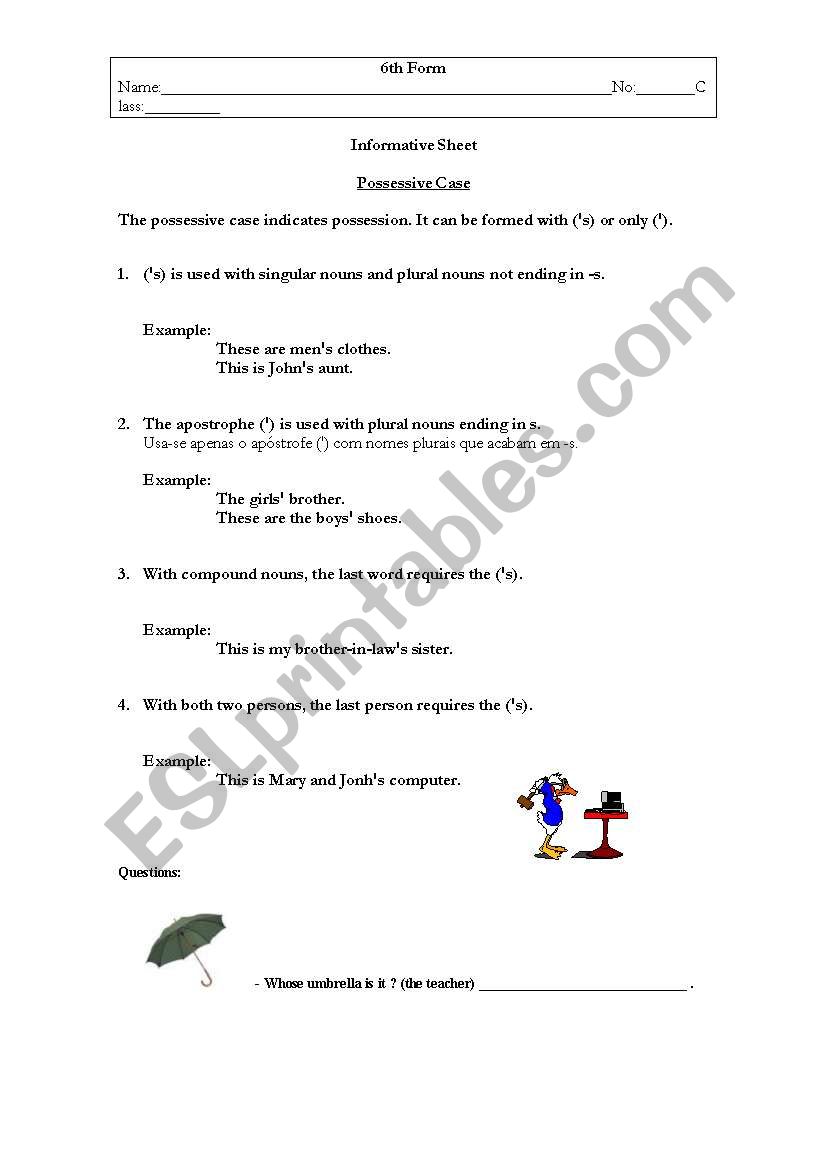 POSSESSIVE CASE worksheet